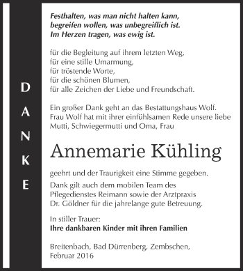 Traueranzeige von Annemarie Kühling von Super Sonntag Zeitz