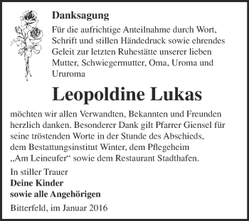 Traueranzeige von Leopoldine Lukas von WVG - Wochenspiegel Bitterfeld