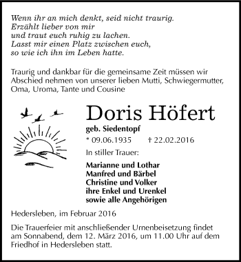 Traueranzeige von Doris Höfert von Mitteldeutsche Zeitung Quedlinburg