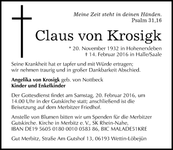 Traueranzeige von Claus von Krosigk von Mitteldeutsche Zeitung Halle/Saalkreis