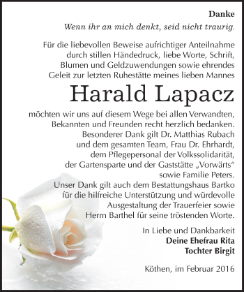Traueranzeige von Harald Lapacz von Mitteldeutsche Zeitung Köthen