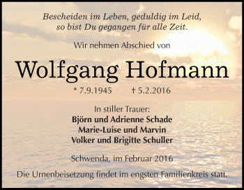 Traueranzeige von Wolfgang Hofmann von Super Sonntag SGH Mansf. Land