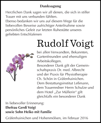 Traueranzeige von Rudolf Voigt von WVG - Wochenspiegel Wittenberg