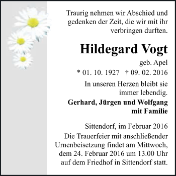 Traueranzeige von Hildegard Vogt von Super Sonntag SGH Mansf. Land