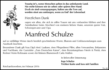 Traueranzeige von Manfred Schulze von Mitteldeutsche Zeitung Weißenfels