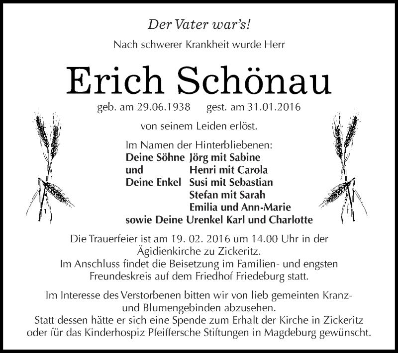  Traueranzeige für Erich Schönau vom 10.02.2016 aus Wochenspiegel Mansfelder Land