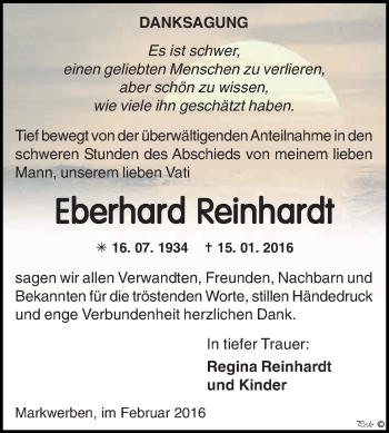 Traueranzeige von Eberhard Reinhardt von WVG - Wochenspiegel NMB / WSF / ZTZ