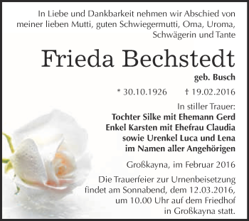 Traueranzeige von Frieda Bechstedt von Super Sonntag Merseburg