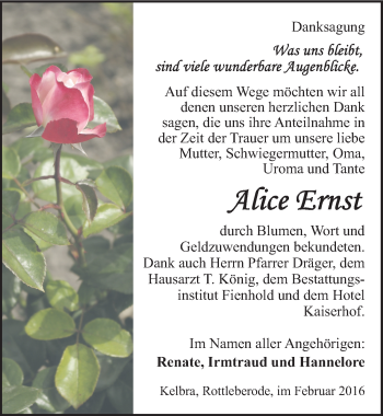 Traueranzeige von Alice Ernst von Mitteldeutsche Zeitung Sangerhausen