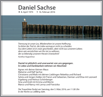 Traueranzeige von Daniel Sachse von Mitteldeutsche Zeitung Weißenfels