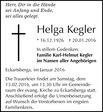Traueranzeige von Helga Kegler von Mitteldeutsche Zeitung Naumburg/Nebra
