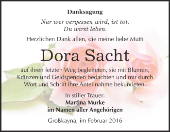 Traueranzeige von Dora Sacht von Super Sonntag Merseburg