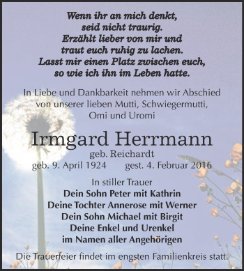 Traueranzeige von Irmgard Herrmann von Super Sonntag Zeitz
