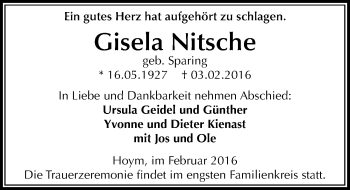 Traueranzeige von Gisela Nitsche von Mitteldeutsche Zeitung Aschersleben