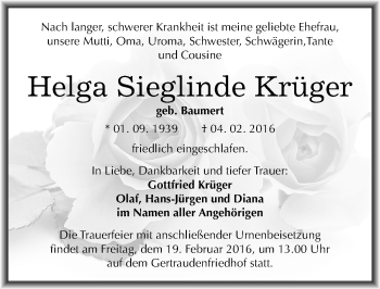 Traueranzeige von Helga Sieglinde Krüger von Mitteldeutsche Zeitung Halle/Saalkreis