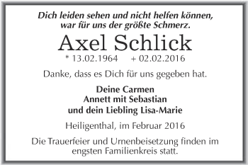 Traueranzeige von Axel Schlick von Wochenspiegel Mansfelder Land