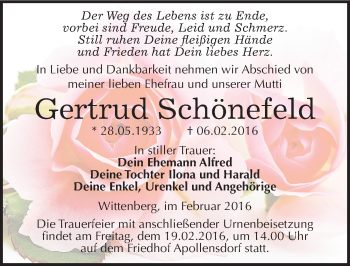 Traueranzeige von Gertrud Schönefeld von Mitteldeutsche Zeitung Wittenberg