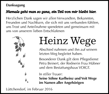 Traueranzeige von Heinz Wege von Mitteldeutsche Zeitung Mansfelder Land