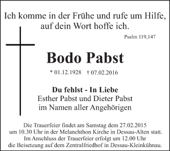 Traueranzeige von Bodo Pabst von WVG - Wochenspiegel Dessau / Köthen