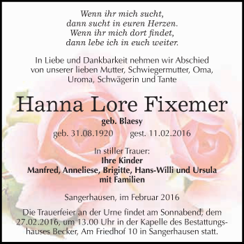 Traueranzeige von Hanna Lore Fixemer von Super Sonntag SGH Mansf. Land