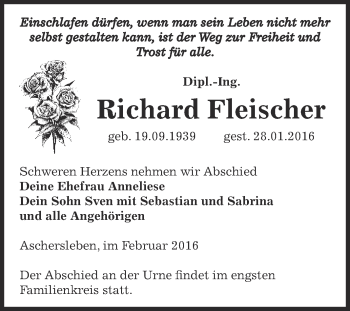 Traueranzeige von Richard Fleischer von Super Sonntag Aschersleben