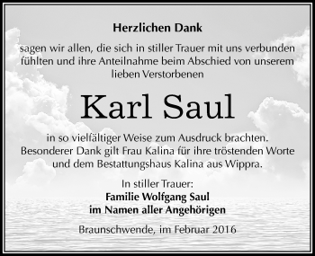 Traueranzeige von Karl Saul von Mitteldeutsche Zeitung Mansfelder Land