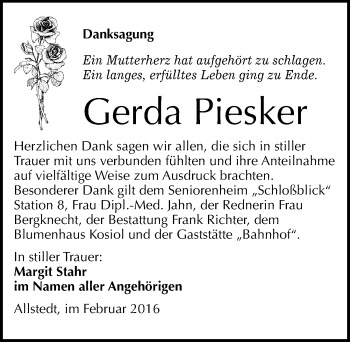 Traueranzeige von Gerda Piesker von Mitteldeutsche Zeitung Sangerhausen