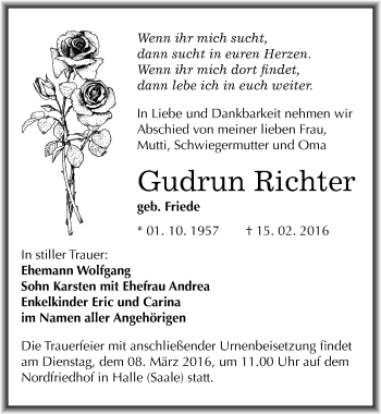 Traueranzeige von Gudrun Richter von Mitteldeutsche Zeitung Halle/Saalkreis