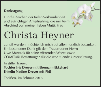 Traueranzeige von Christa Heyner von Mitteldeutsche Zeitung Zeitz