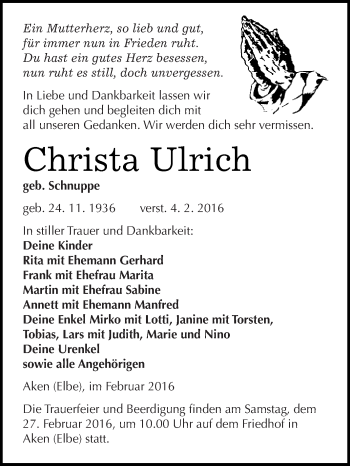 Traueranzeige von Christa Ulrich von WVG - Wochenspiegel Dessau / Köthen