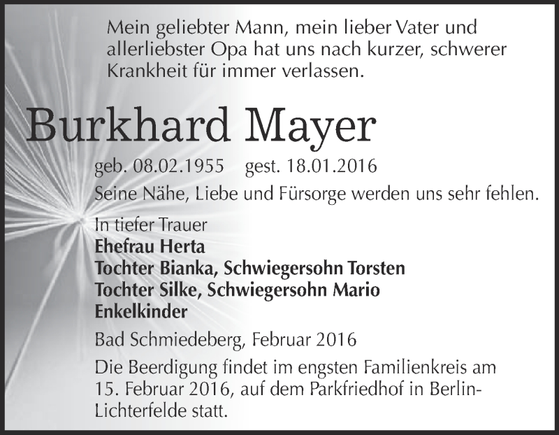  Traueranzeige für Burkhard Mayer vom 06.02.2016 aus WVG - Wochenspiegel Wittenberg