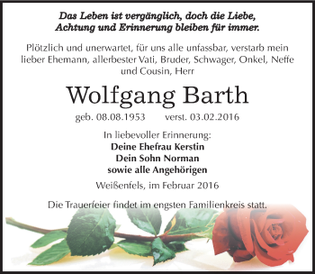 Traueranzeige von Wolfgang Barth von Mitteldeutsche Zeitung Weißenfels