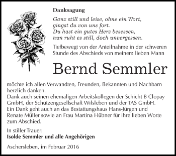 Traueranzeige von Bernd Semmler von Super Sonntag Aschersleben