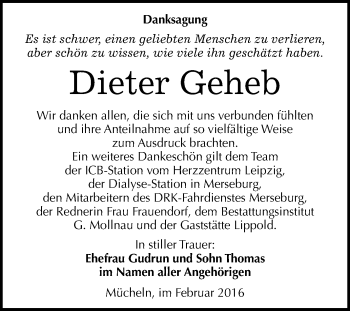 Traueranzeige von Dieter Geheb von WVG - Wochenspiegel Merseburg