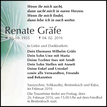 Traueranzeige von Renate Gräfe von Super Sonntag Zeitz