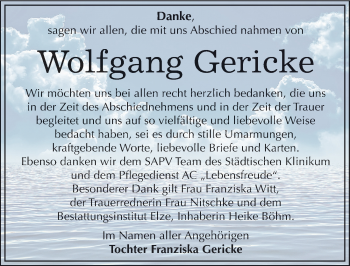 Traueranzeige von Wolfgang Gericke von Mitteldeutsche Zeitung Dessau-Roßlau