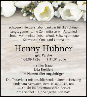Traueranzeige von Henny Hübner von Super Sonntag SGH Mansf. Land