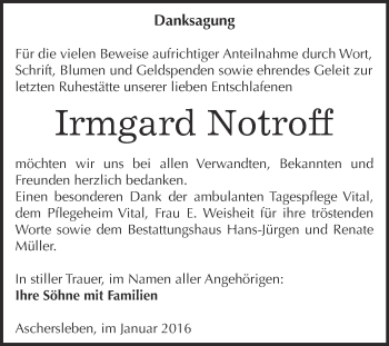 Traueranzeige von Irmgard Notroff von Super Sonntag Aschersleben