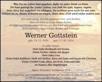 Traueranzeige von Werner Gottstein von WVG - Wochenspiegel NMB / WSF / ZTZ