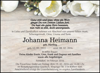 Traueranzeige von Johanna Heimann von WVG - Wochenspiegel Dessau / Köthen