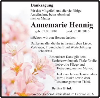 Traueranzeige von Annemarie Hennig von Mitteldeutsche Zeitung Quedlinburg