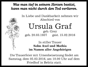 Traueranzeige von Ursula Graf von Mitteldeutsche Zeitung Bernburg