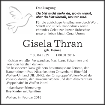 Traueranzeige von Gisela Thran von WVG - Wochenspiegel Bitterfeld