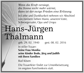 Traueranzeige von Hans-Jürgen Thalmann von Mitteldeutsche Zeitung Naumburg/Nebra