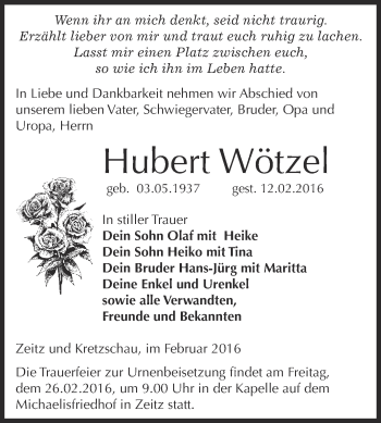 Traueranzeige von Hubert Wötzel von Super Sonntag Zeitz