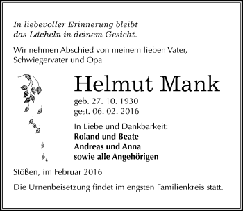 Traueranzeige von Helmut Mank von Mitteldeutsche Zeitung Naumburg/Nebra