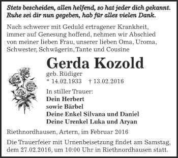 Traueranzeige von Gerda Kozold von Super Sonntag SGH Mansf. Land