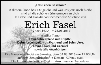 Traueranzeige von Erich Fasel von Mitteldeutsche Zeitung Dessau-Roßlau