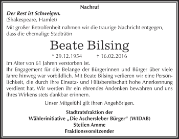 Traueranzeige von Beate Bilsing von Super Sonntag Aschersleben