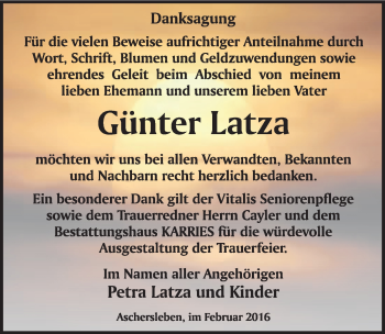 Traueranzeige von Günter Latza von Mitteldeutsche Zeitung Aschersleben